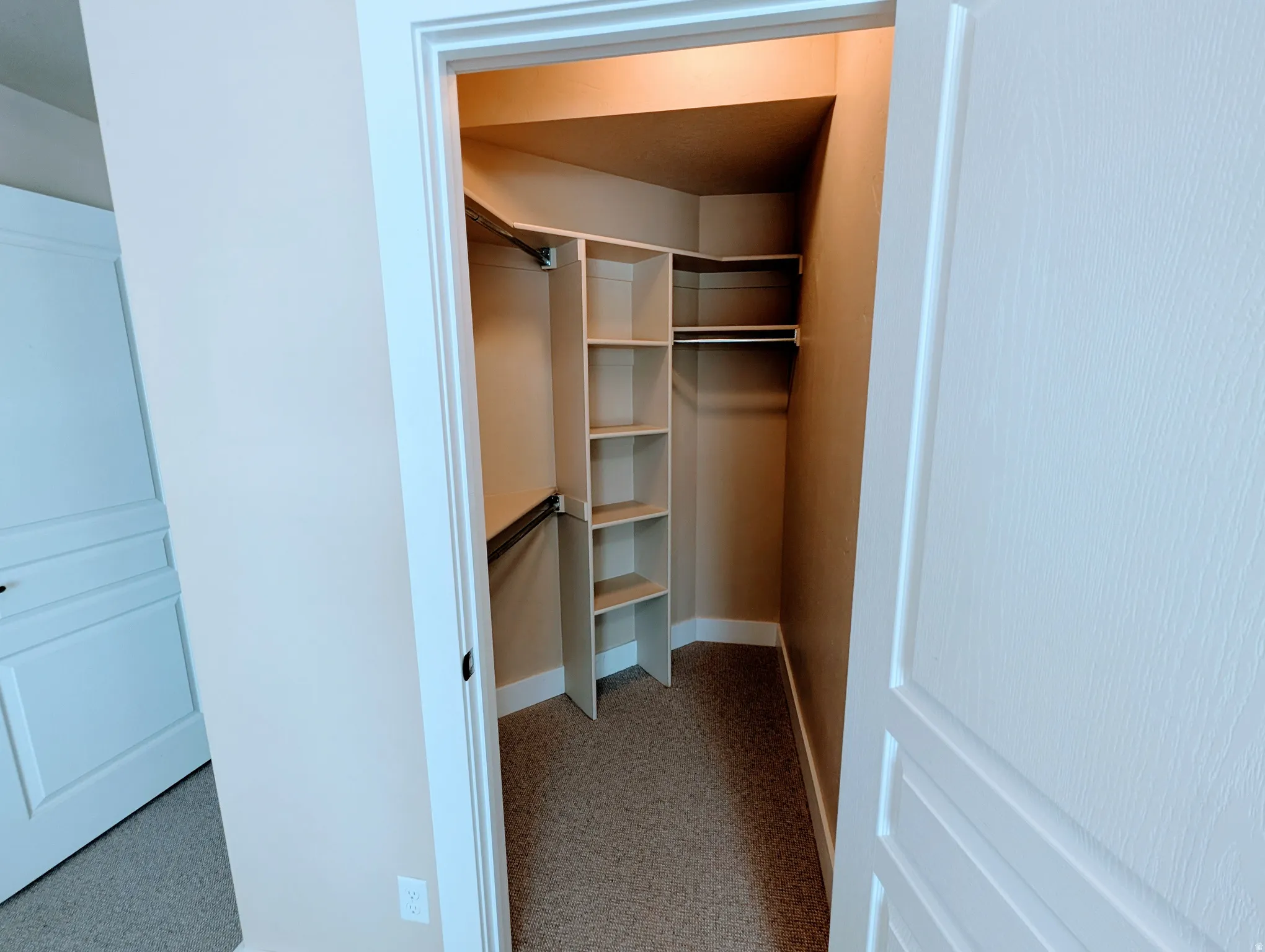 Walk-in closet featuring built-in shelving, multiple hanging rods, and neutral-toned carpeting
