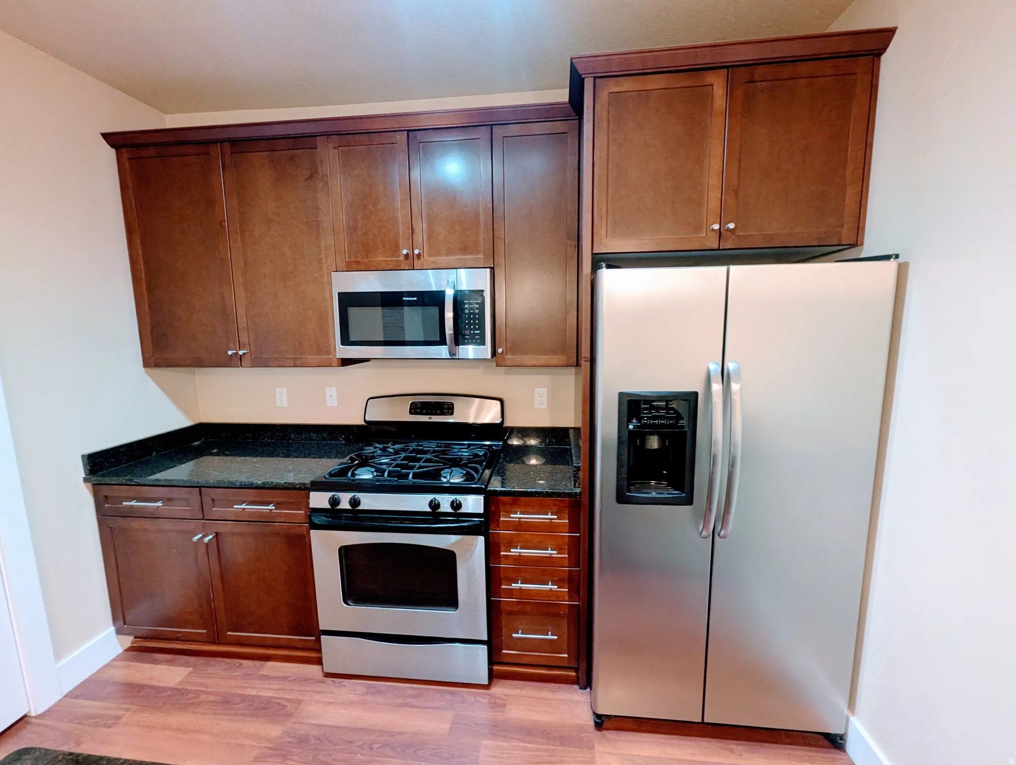 Kitchen featuring wood-finish flooring, dark wood cabinetry with crown molding, stainless steel appliances, and dark countertops