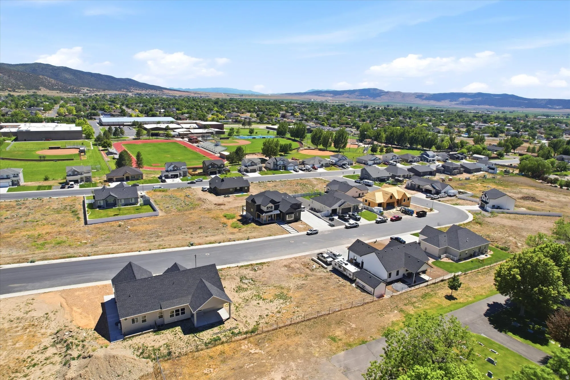 Aerial perspective showcasing a developing residential community