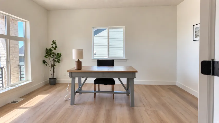 Spacious room featuring wood-finish flooring, white walls, and large windows