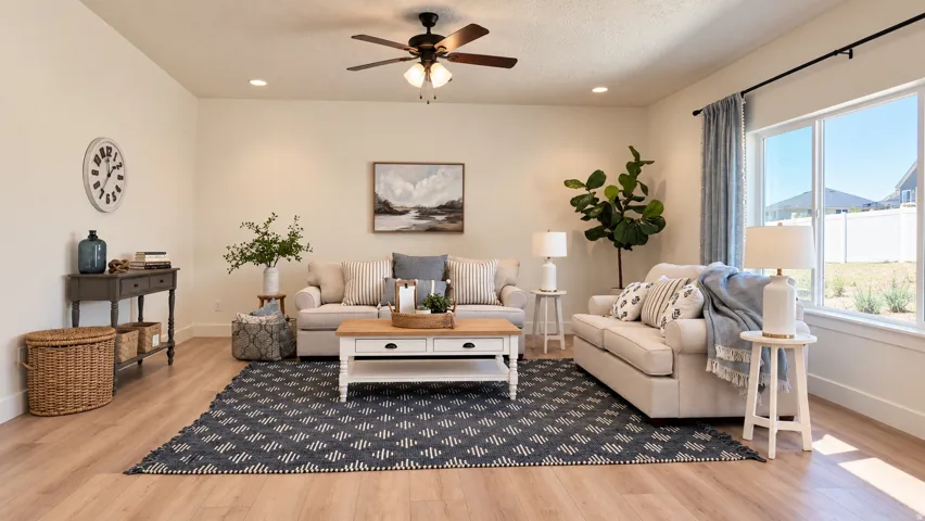 Recessed ceiling lighting, wood-finish flooring, a ceiling fan, and large windows with privacy blinds