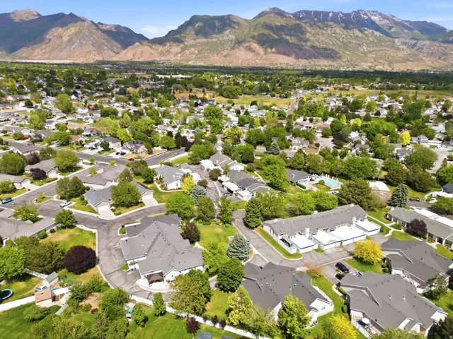 Expansive aerial capturing a residential community with abundant mature trees and mountainous terrain in the background