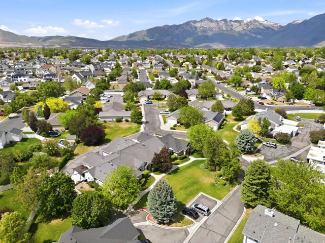 Expansive neighborhood featuring mature trees, residential streets, and distant mountain ranges under a clear sky
