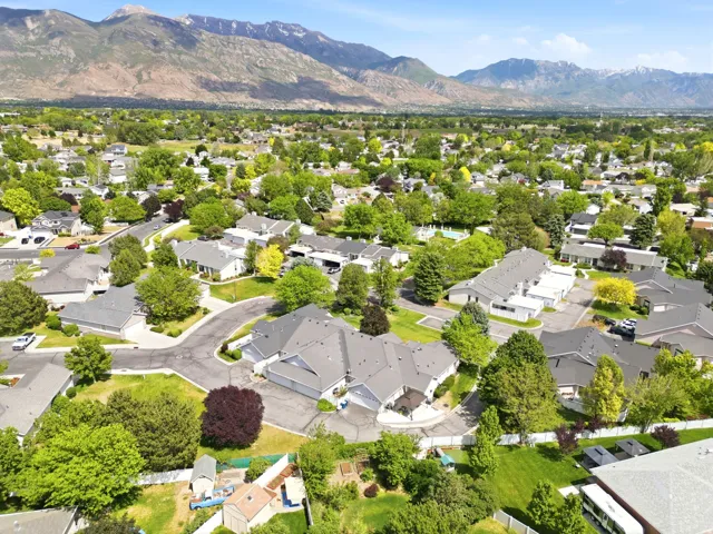 Residential neighborhood with extensive tree coverage and mountain backdrop