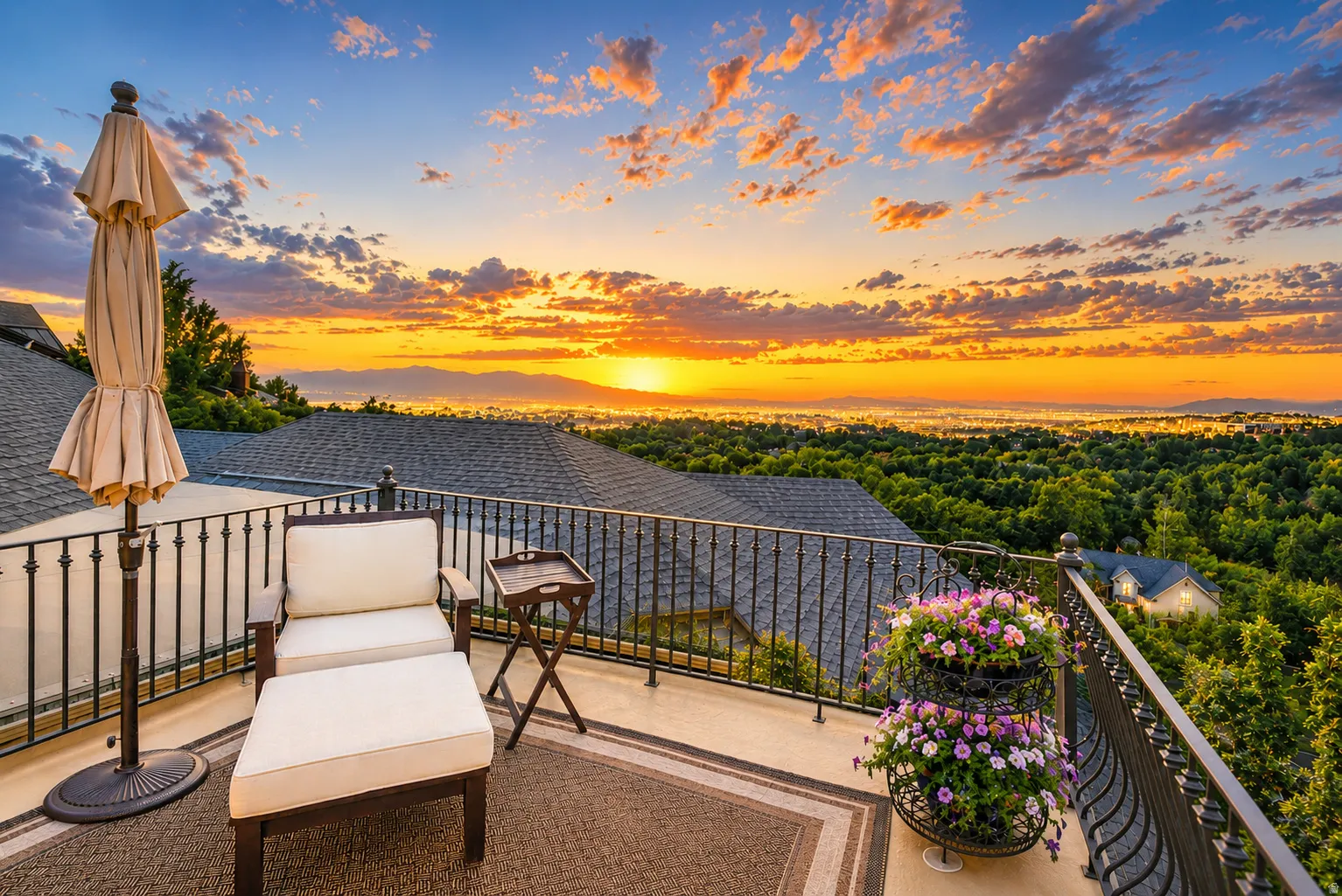 Expansive outdoor balcony featuring a wrought iron railing, concrete flooring, and distant mountain scenery