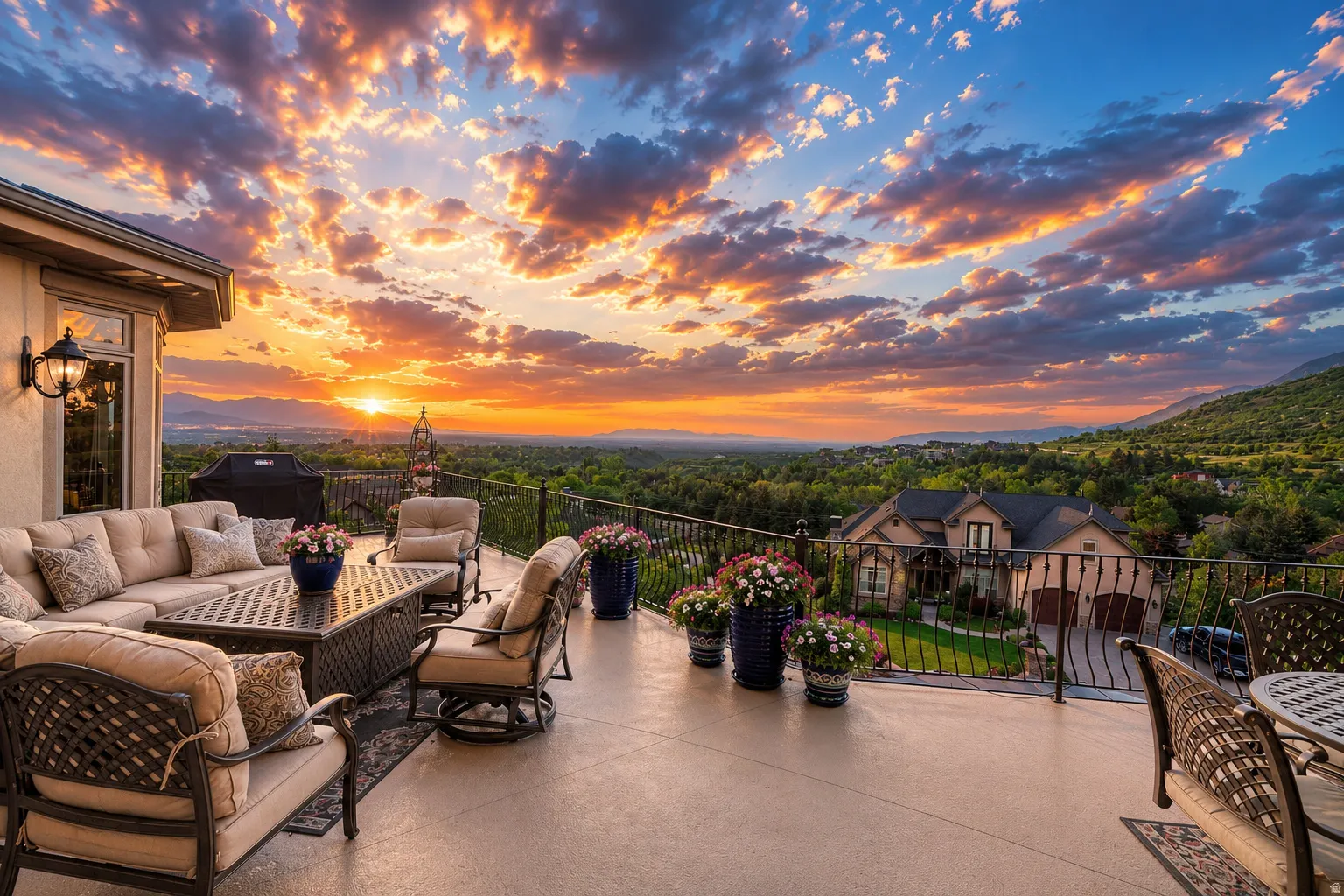 Expansive outdoor patio featuring a concrete surface, decorative metal railing, and wall-mounted exterior lighting