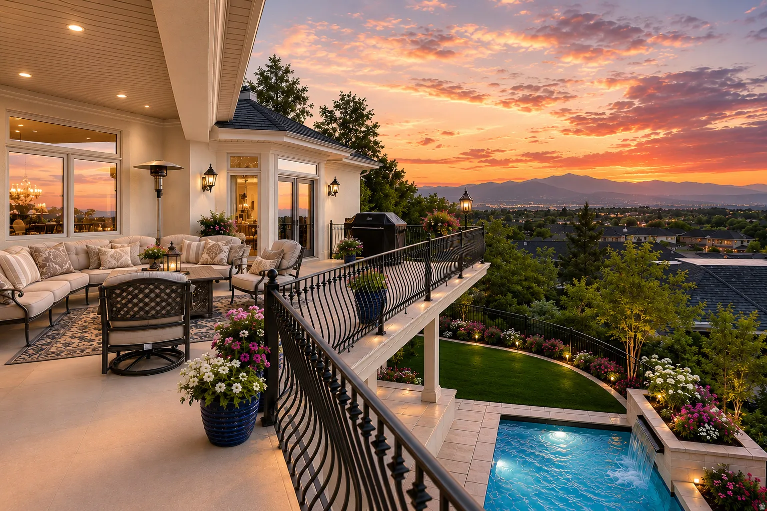 Expansive outdoor patio with a built-in swimming pool featuring a waterfall