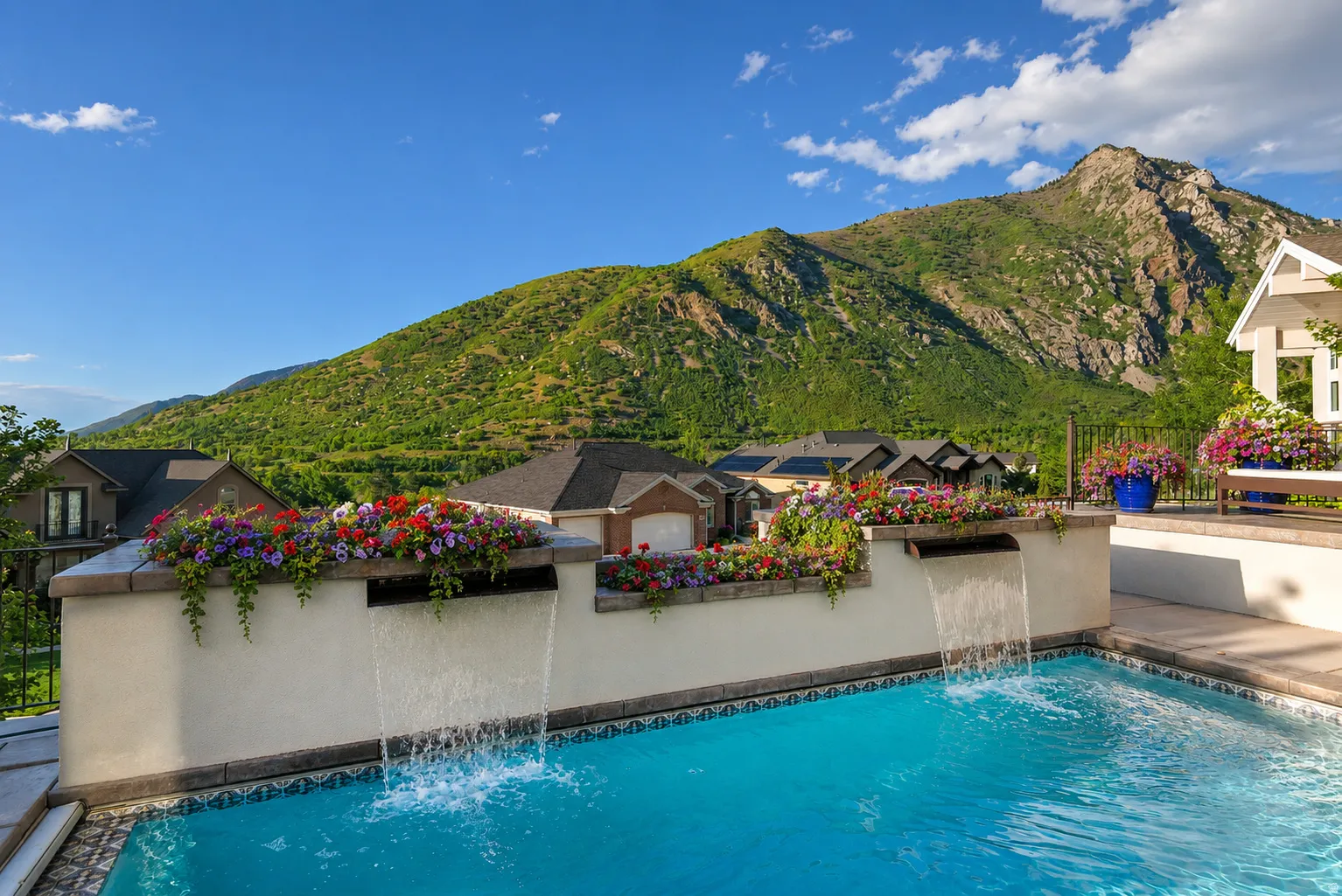 Swimming pool featuring an integrated waterfall, patterned tile coping, and a surrounding hardscape patio