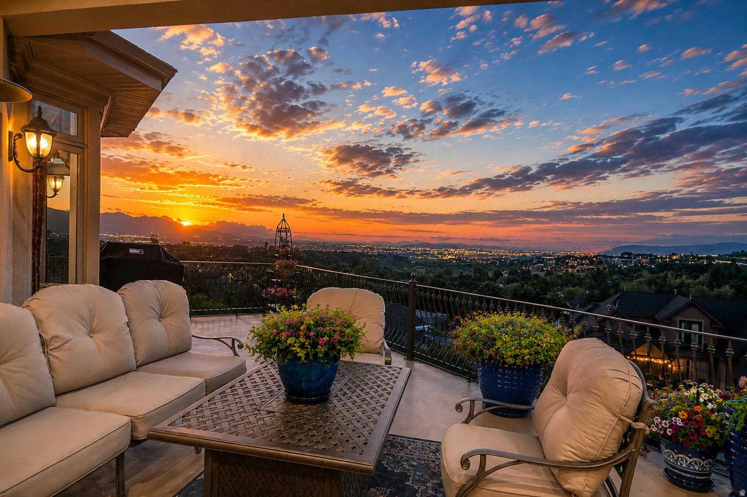 Expansive outdoor terrace featuring a decorative metal railing, a built-in wall sconce, and a panoramic mountain and city backdrop