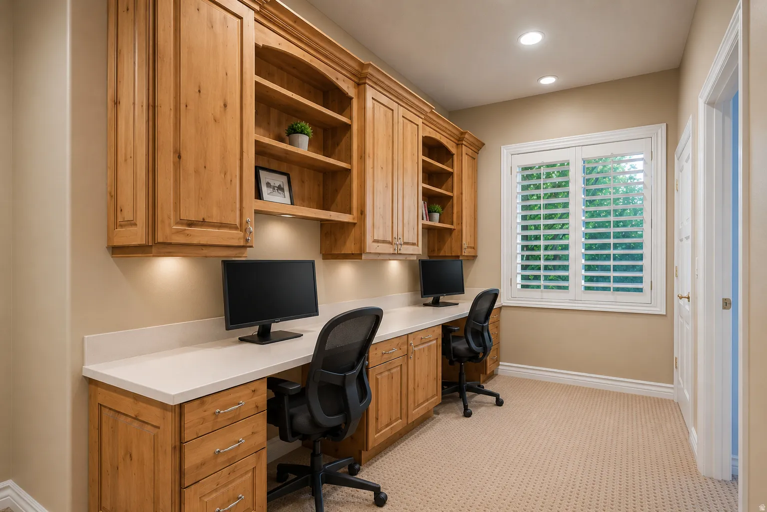 Dedicated workspace featuring extensive built-in cabinetry, dual workstations with solid surface countertops, recessed lighting, and a window with plantation shutters