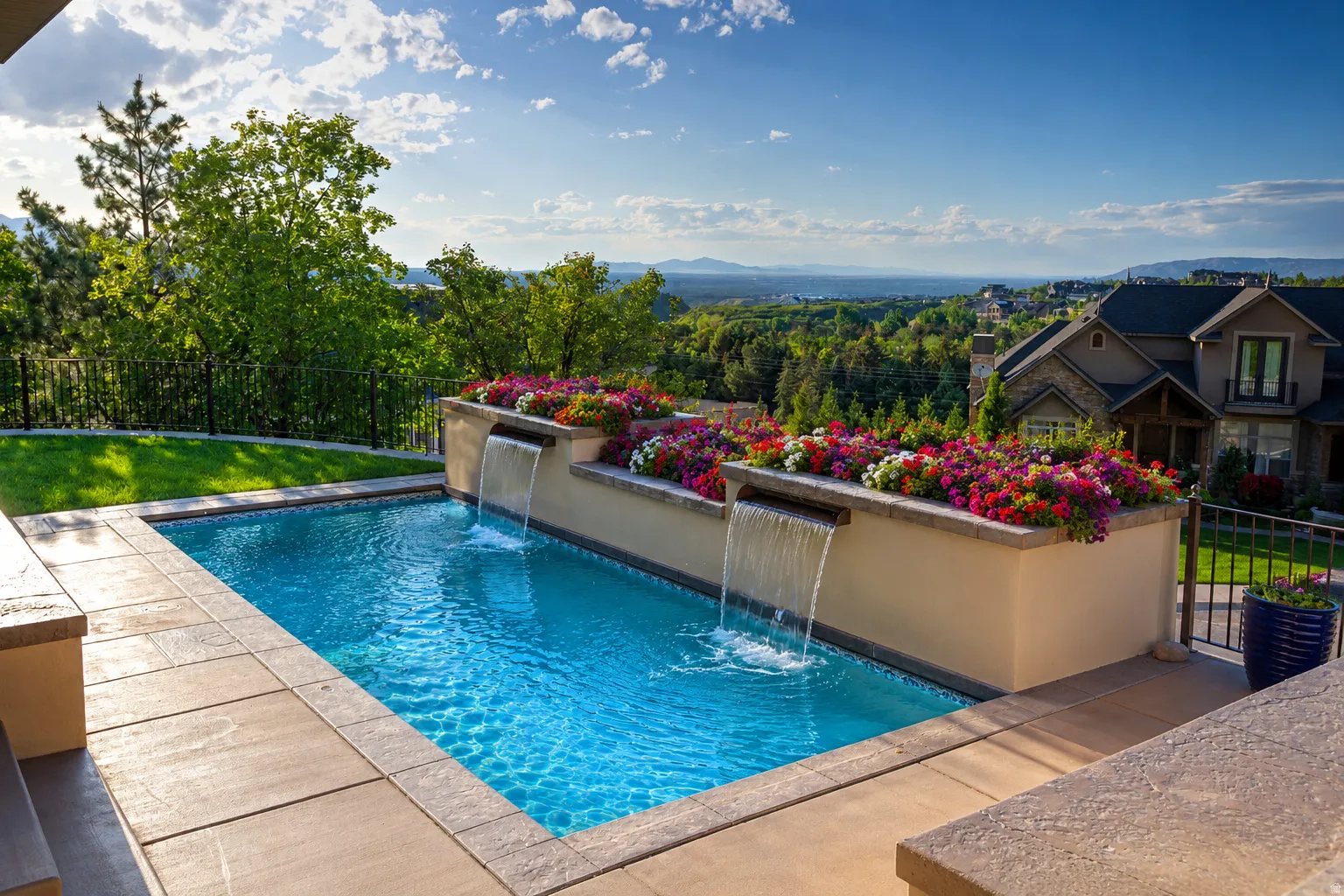 In-ground pool featuring multiple waterfall fixtures and a surrounding stone patio