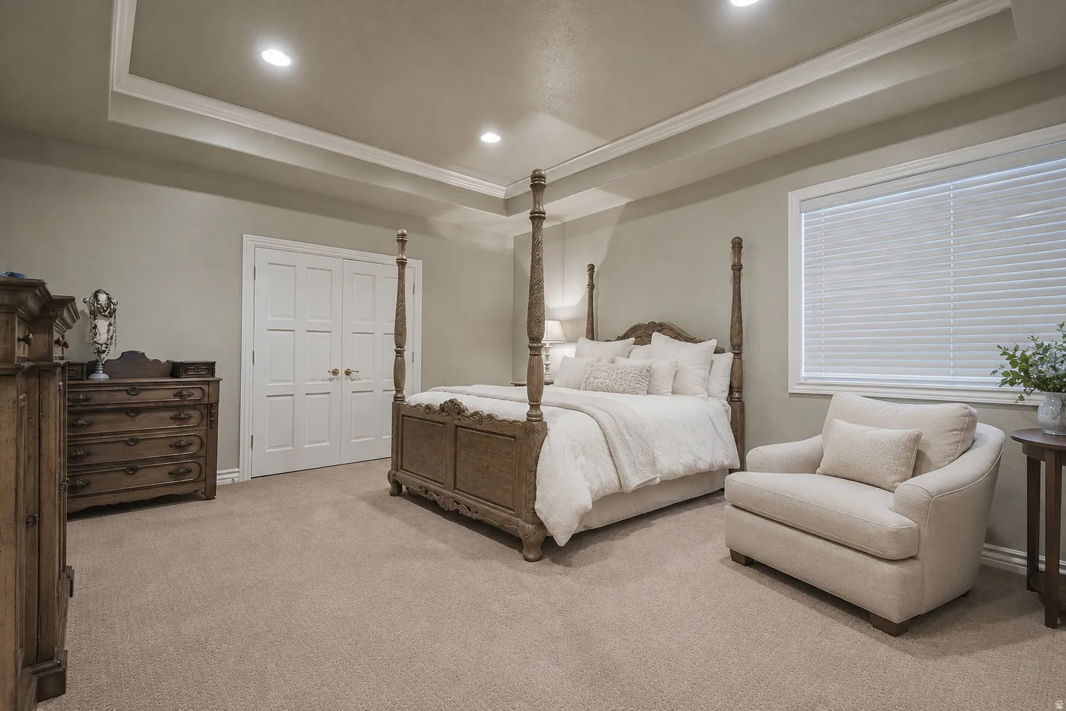 Spacious room featuring tray ceilings with recessed lighting, neutral-toned carpeting, a large window with blinds, and white double-panel doors