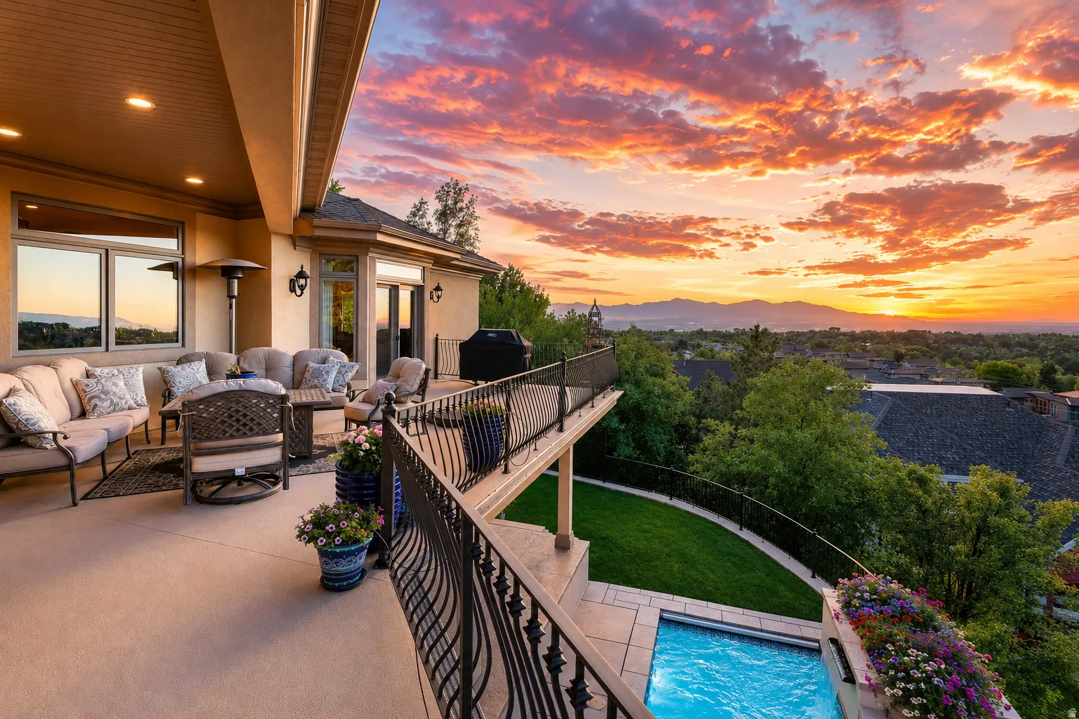 Expansive upper-level patio with a covered seating area