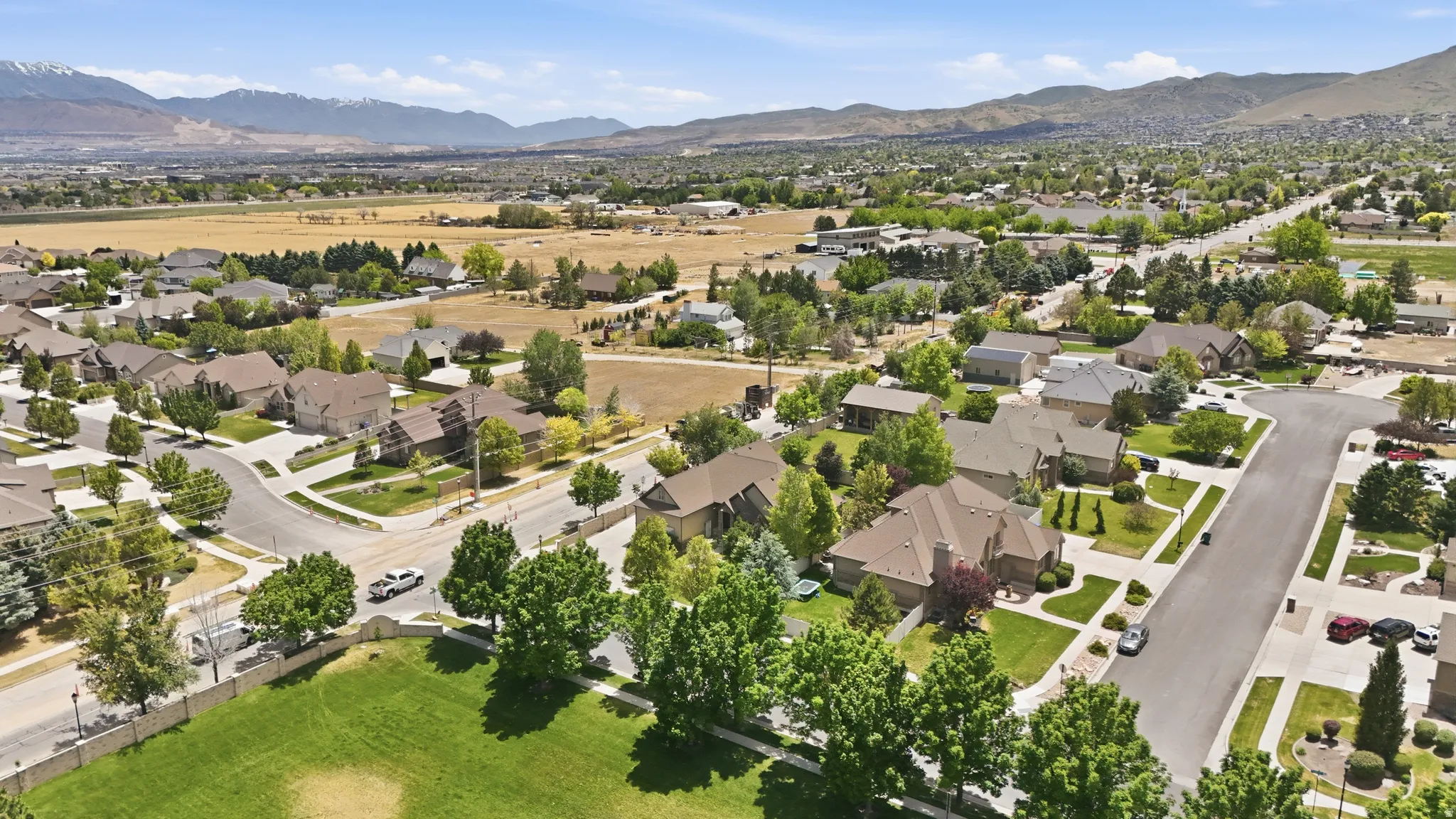 Residential neighborhood with mature landscaping and mountain backdrops