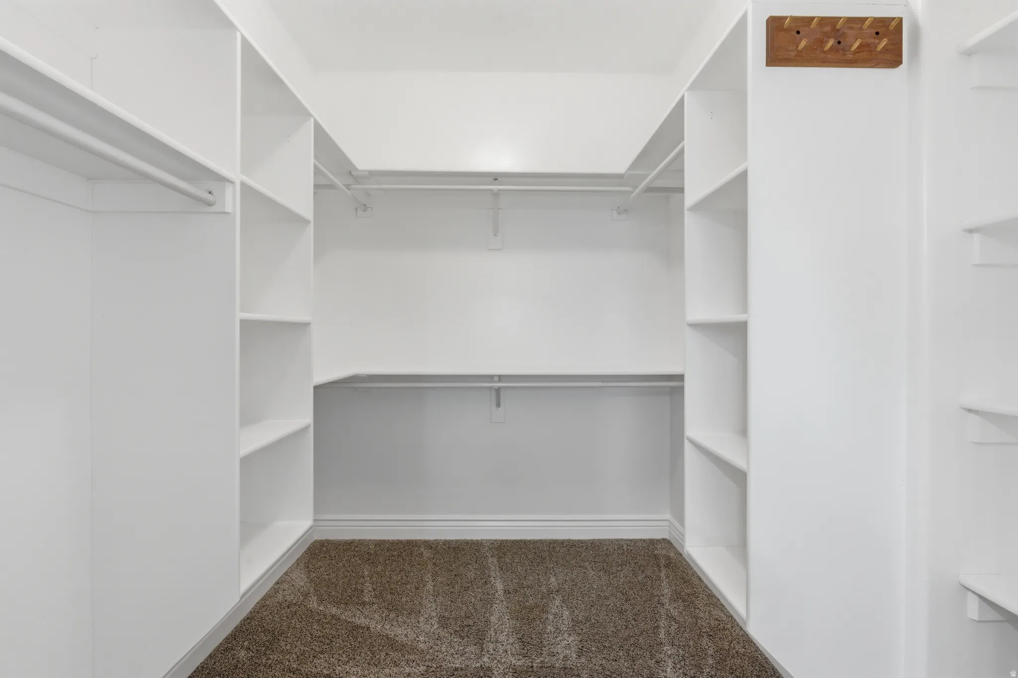 Walk-in closet featuring built-in shelving, multiple hanging rods, and a textured carpeted floor