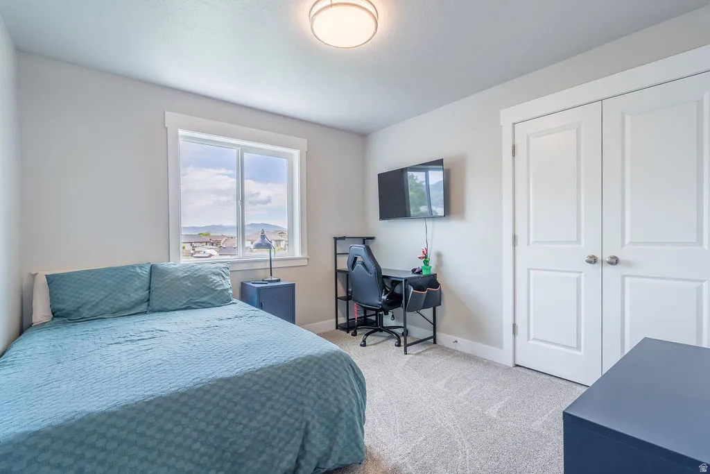 Bright interior space featuring a window with exterior visibility, light-colored carpeting, a ceiling-mounted light fixture, and white bi-fold closet doors