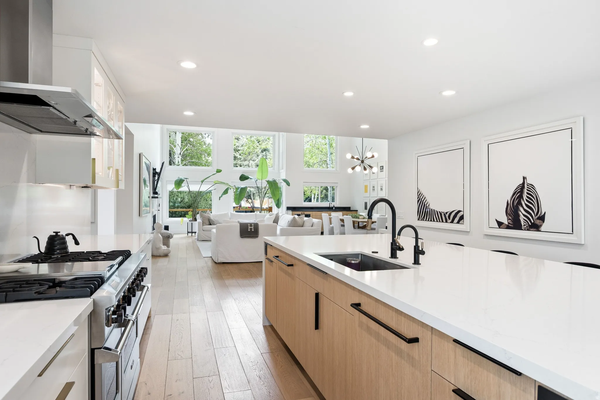 Contemporary kitchen featuring light wood-finish flooring, recessed lighting, and a stainless steel range with matching hood