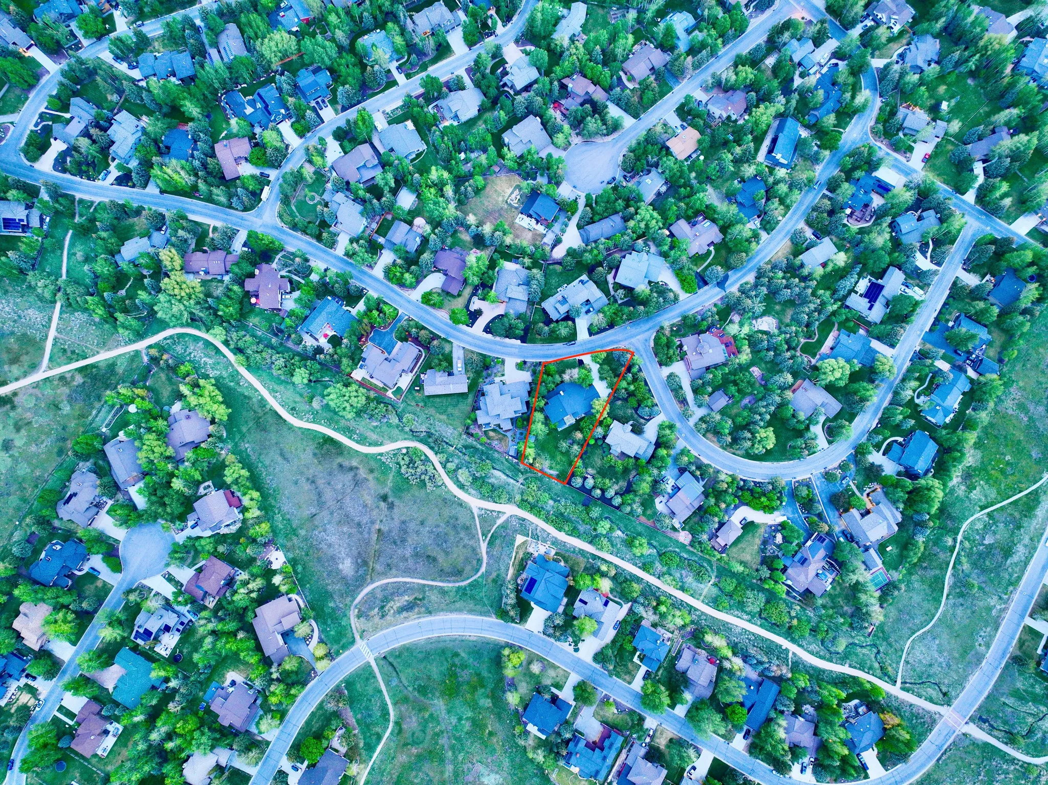 Aerial Property Boundary Survey. Indicating the perimeter of the property within a residential development