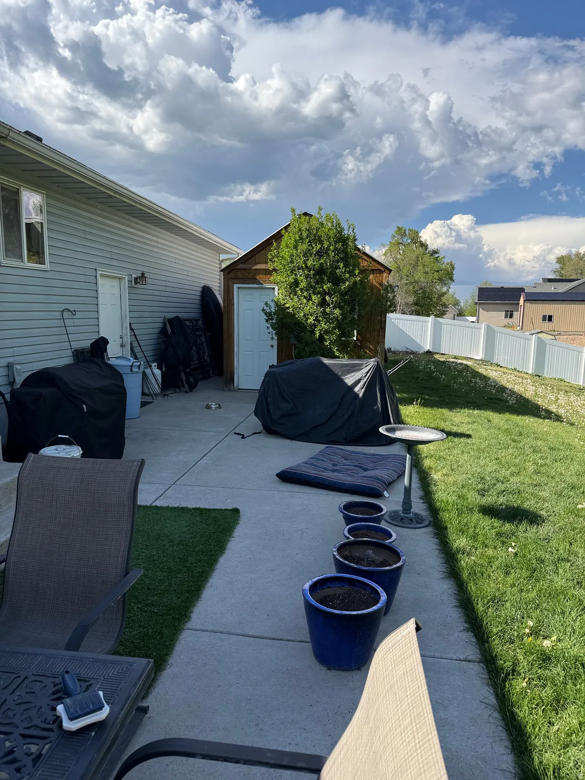 Backyard patio featuring a wood-sided shed with a light-colored door, concrete patio, and a manicured lawn