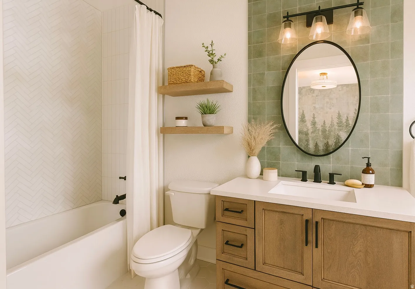 Bathroom featuring a wood-finish vanity with a white countertop and integrated sink, matte black faucet, and an oval mirror