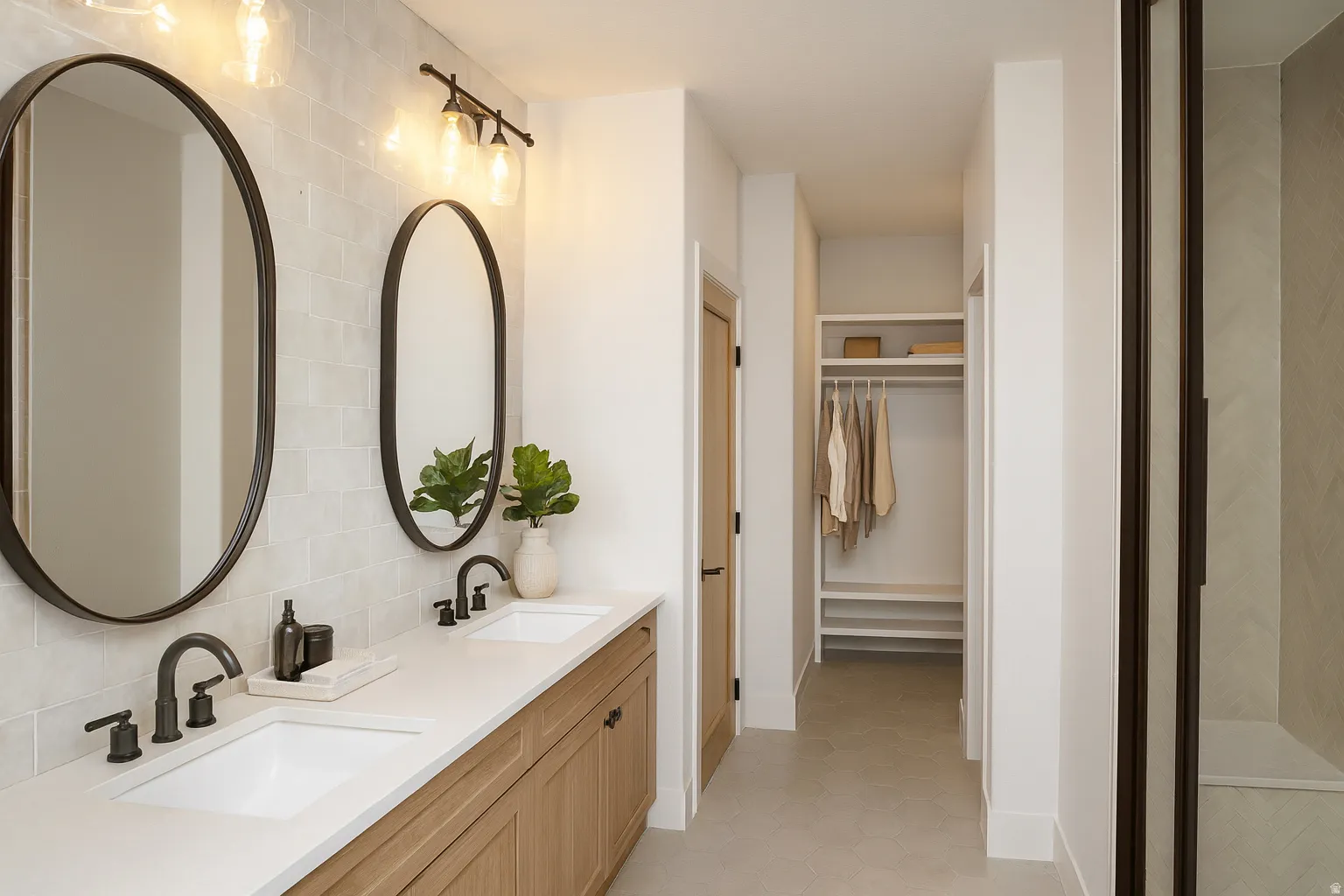 Double vanity with wood-finish cabinetry, white countertops, and matte black fixtures