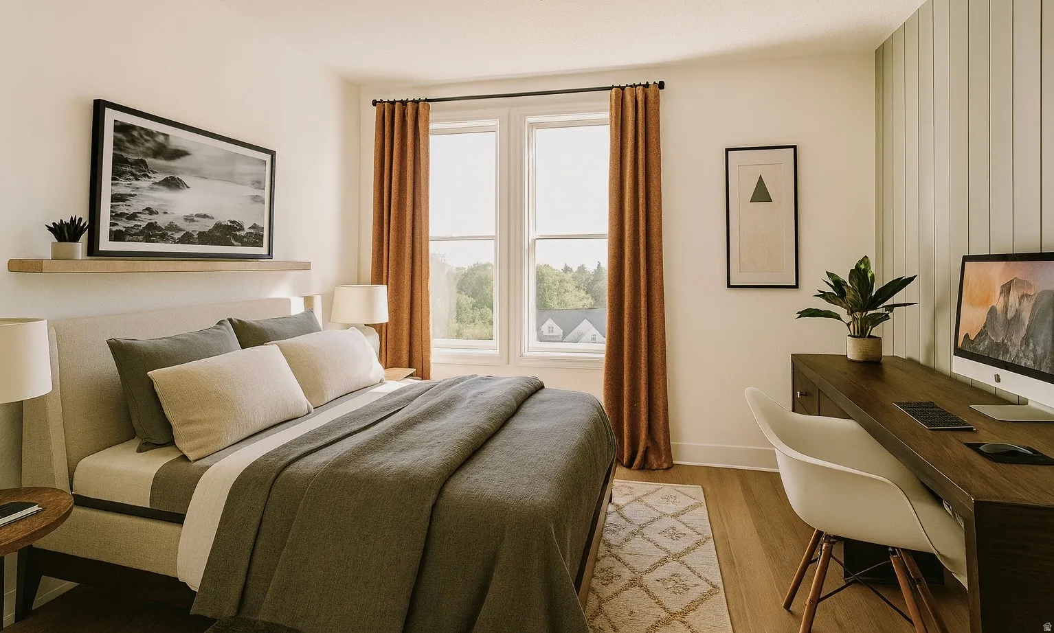 Bright room featuring wood-finish flooring, a double window with natural light, a built-in floating shelf, and a desk with integrated storage