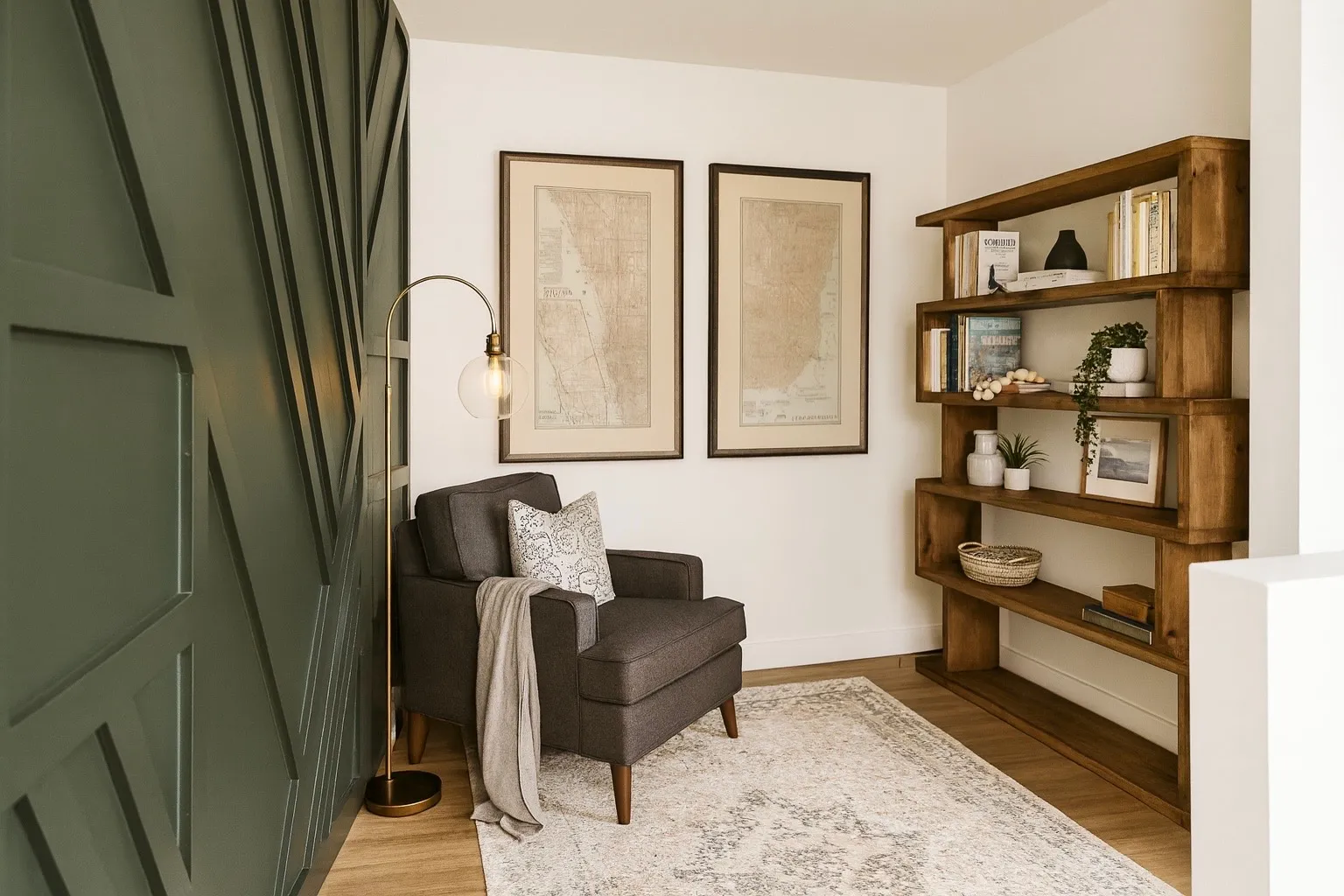 Accent wall with geometric paneling, wood-finish flooring, and built-in shelving