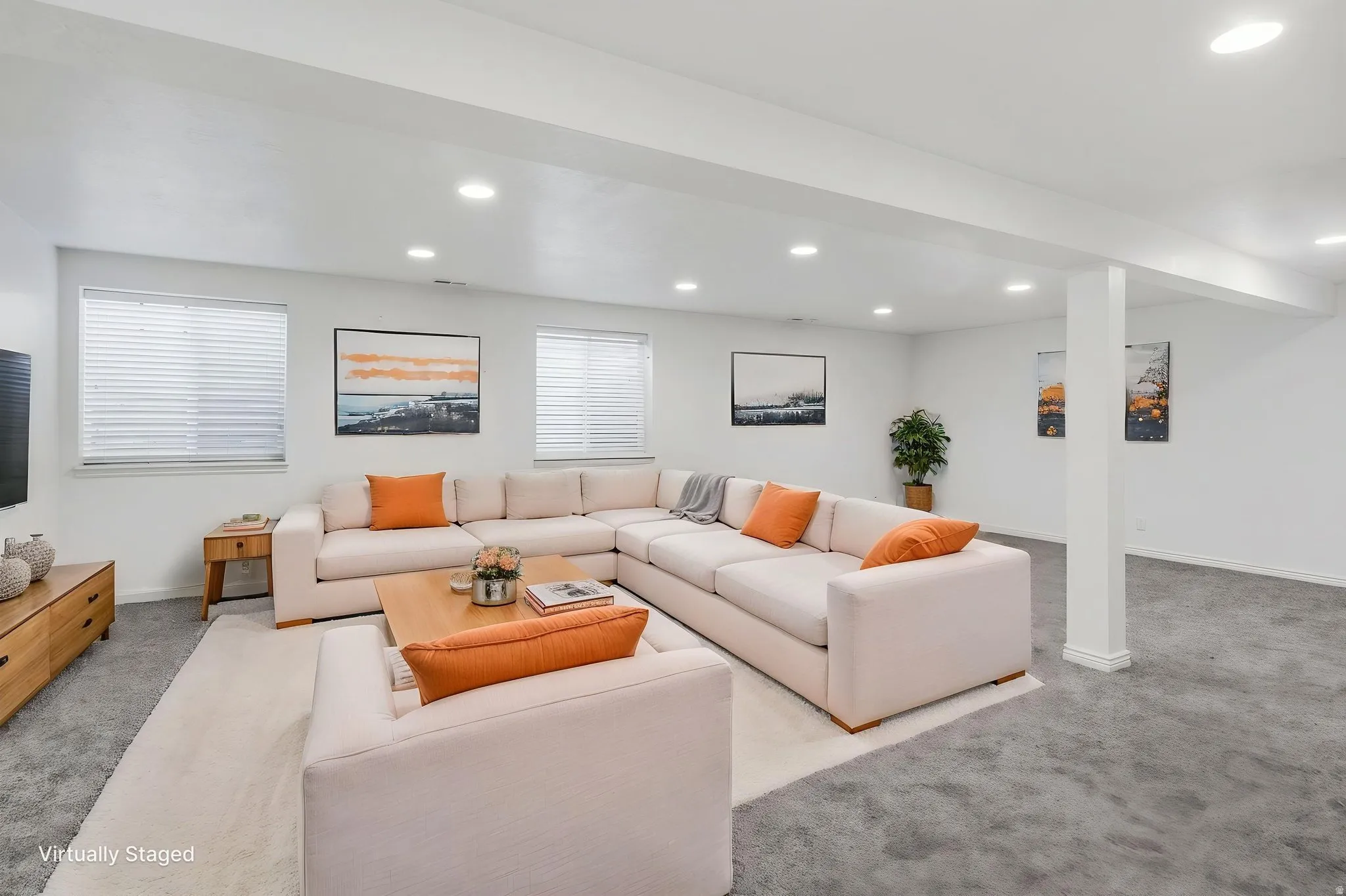 Virtual Staging: Spacious family room featuring recessed lighting.