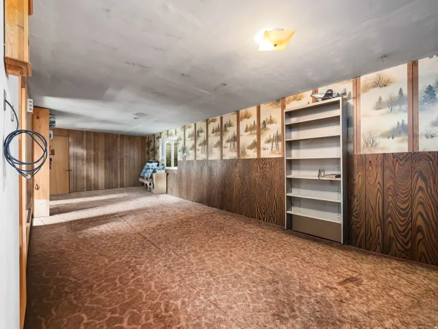 Spacious room featuring patterned carpeting, partial wood paneling, a small window with horizontal blinds, a ceiling-mounted light fixture, and a built-in shelving unit