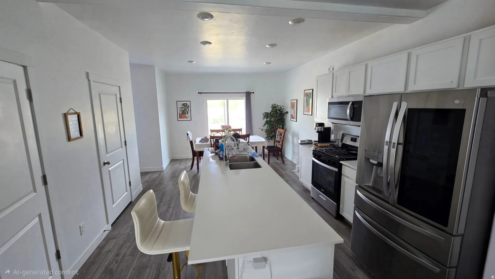 Modern kitchen featuring a large center island with integrated sink, stainless steel appliances, white cabinetry, and recessed lighting