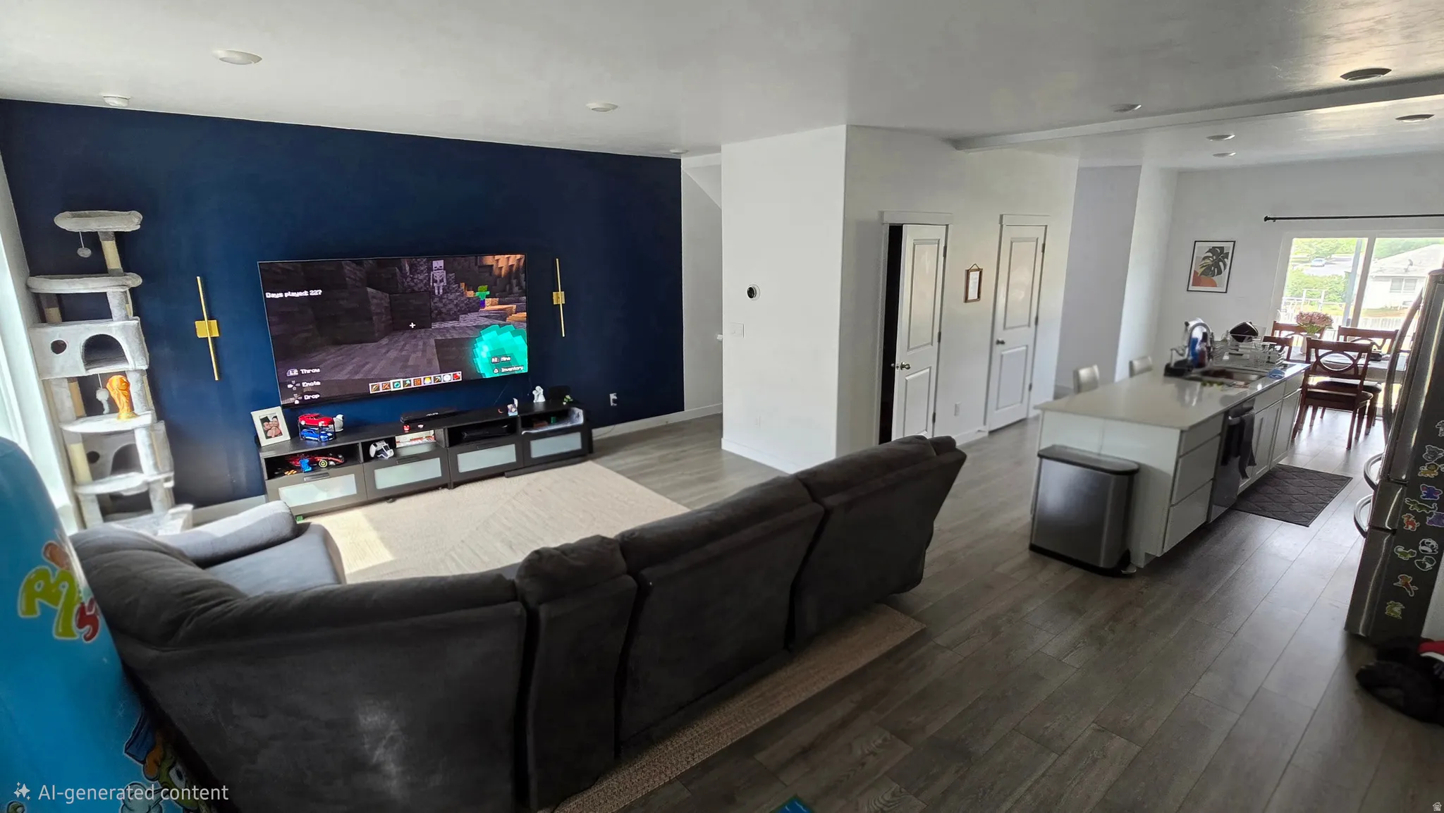 Open-concept living area featuring wood-finish flooring, recessed lighting, and a prominent accent wall