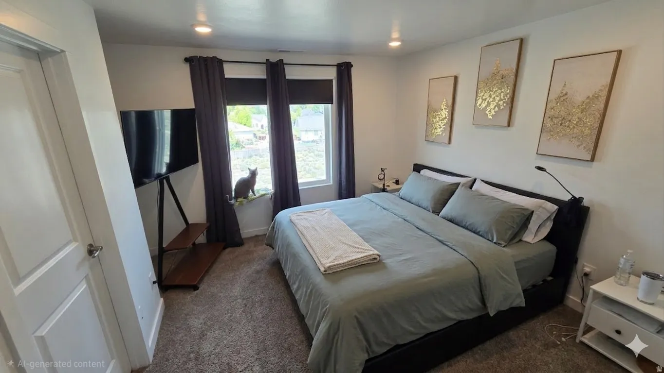Bedroom featuring a window with dark curtains, recessed lighting, and neutral-toned carpet flooring