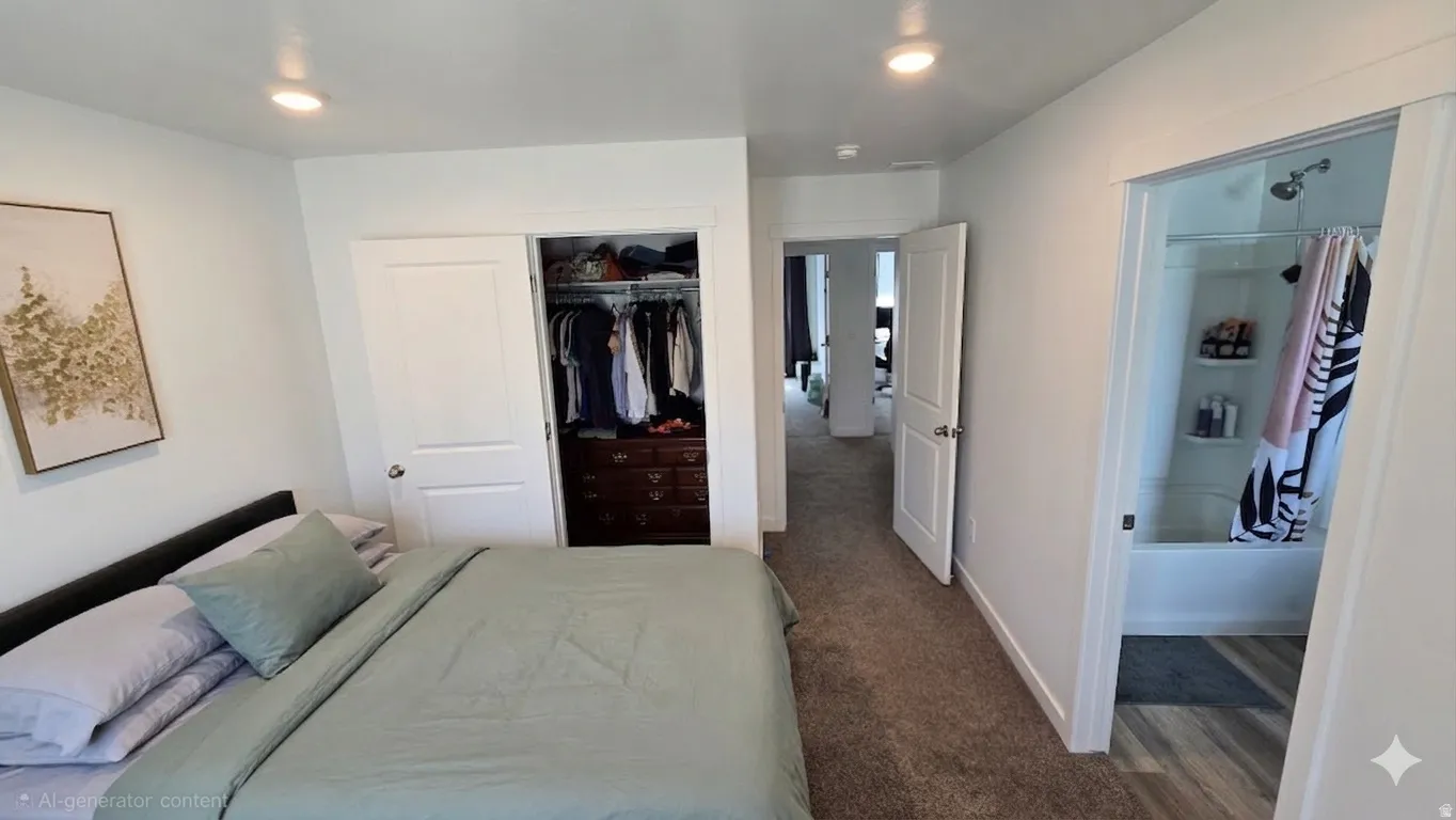 Bedroom featuring neutral wall paint, recessed lighting, and carpet flooring