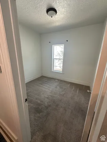 Neutral tone room featuring a single window, overhead flush mount lighting, and gray carpet flooring