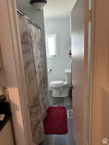 Bathroom featuring a toilet, window, and wood-finish flooring