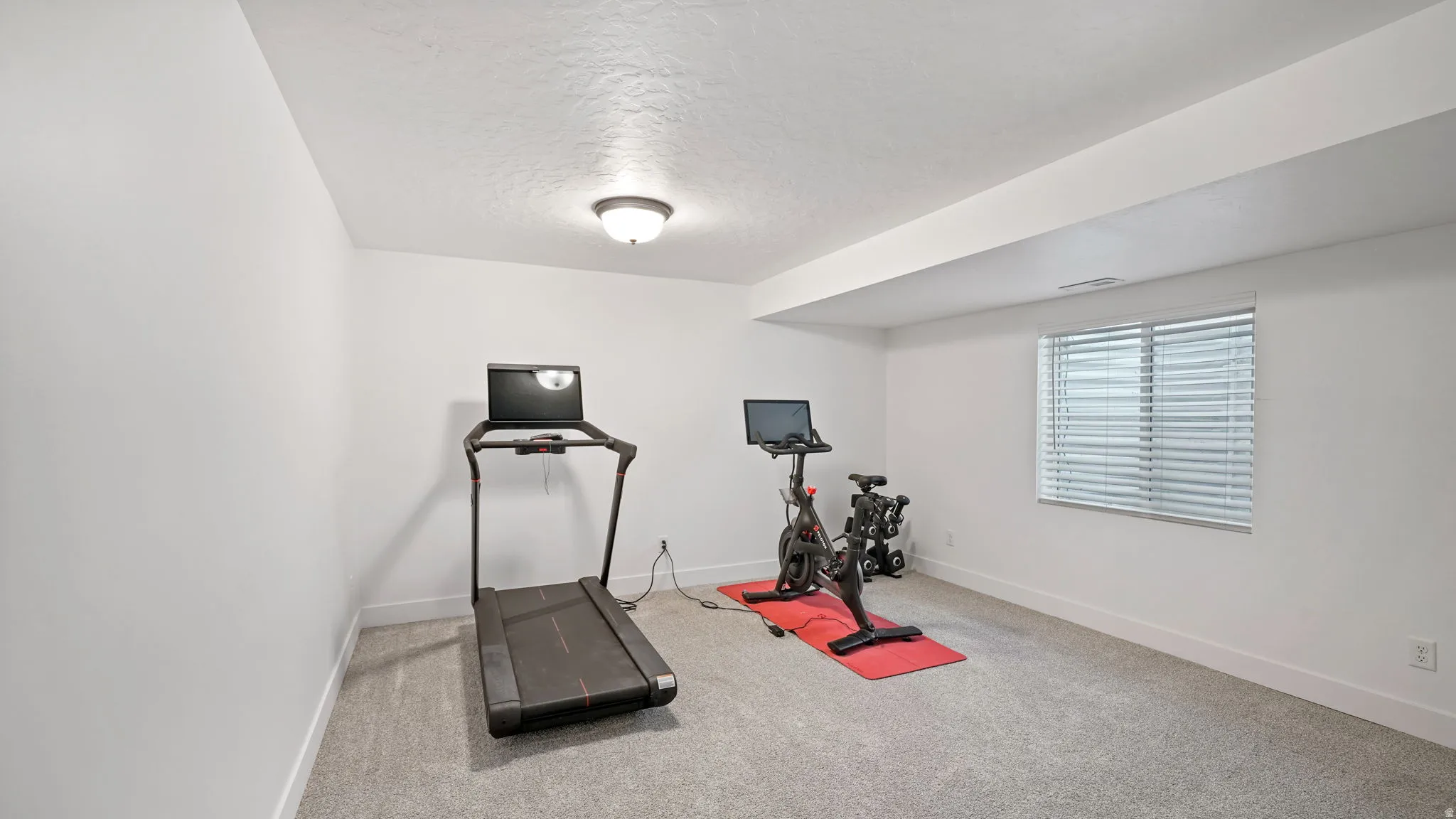 Carpeted room with a flush-mount ceiling light and a single window with horizontal blinds