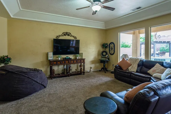 Living room featuring tray ceilings with a ceiling fan, textured walls, and carpet flooring