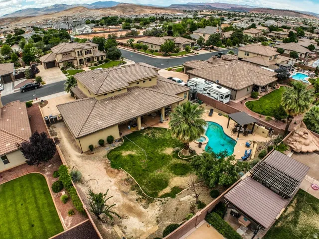 Expansive backyard featuring a freeform swimming pool, integrated spa, and mature palm trees