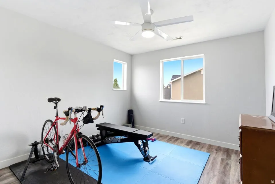 Bright room featuring wood-finish flooring, two large windows, a ceiling fan with integrated lighting, and light-toned walls