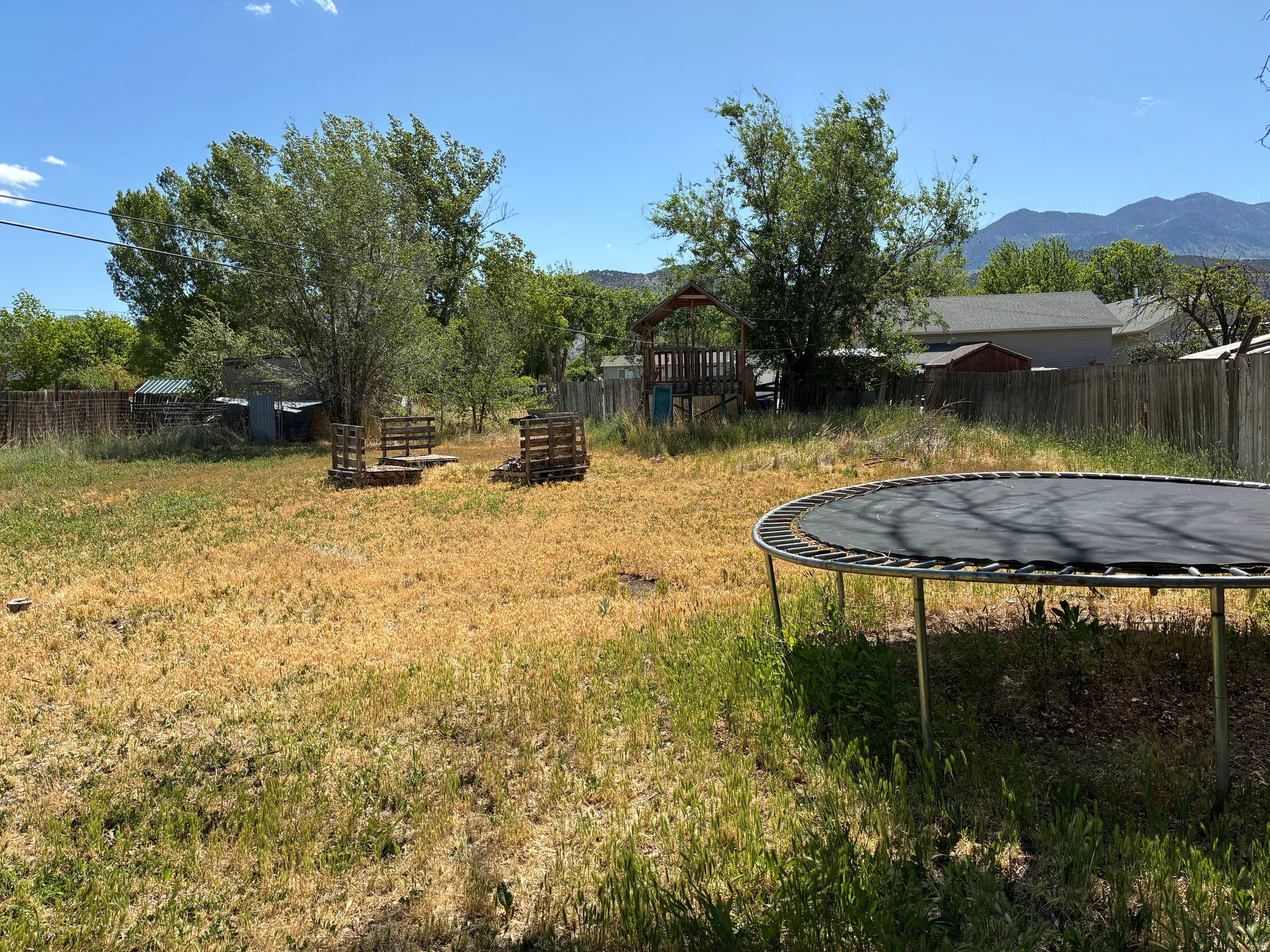 Expansive outdoor space featuring mature trees and a wooden fence perimeter