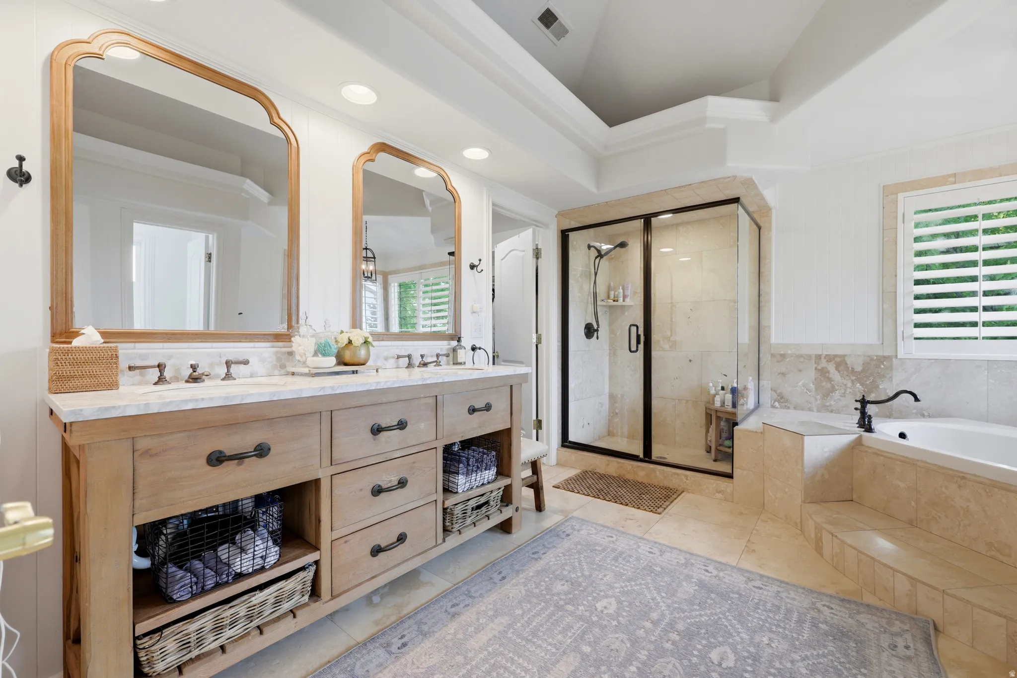 Dual vanity with marble countertop and undermount sinks