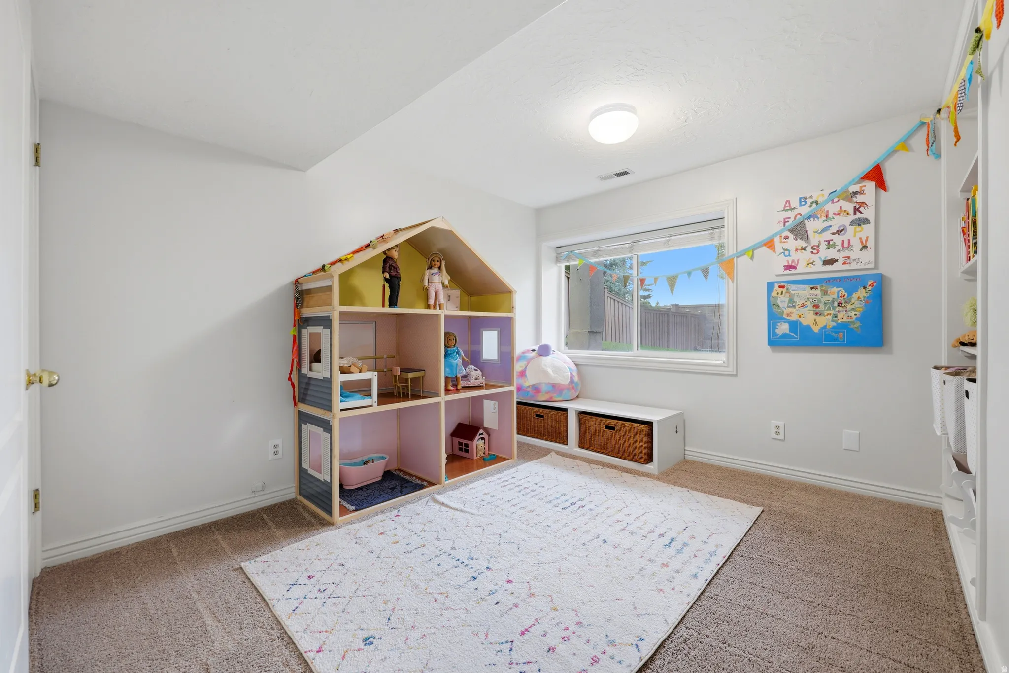 Carpeted room featuring a double-paned window, built-in shelving, and a ceiling light fixture