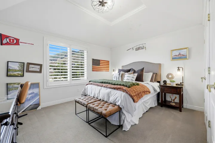 Recessed ceiling with decorative light fixture, large window with white plantation shutters, white paneled door, and carpeted flooring