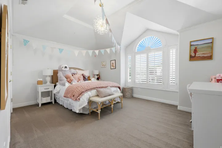 Bright room featuring a vaulted ceiling with crown molding, a large arched window with plantation shutters, plush carpeting, and crisp white baseboards