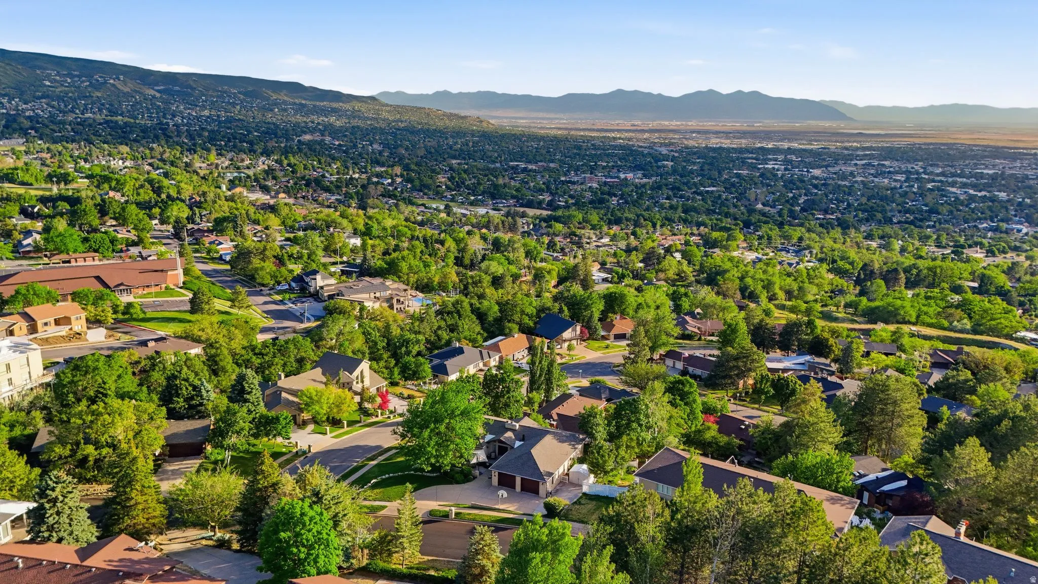 Expansive aerial landscape showcasing a residential area with varied architectural styles and mature trees