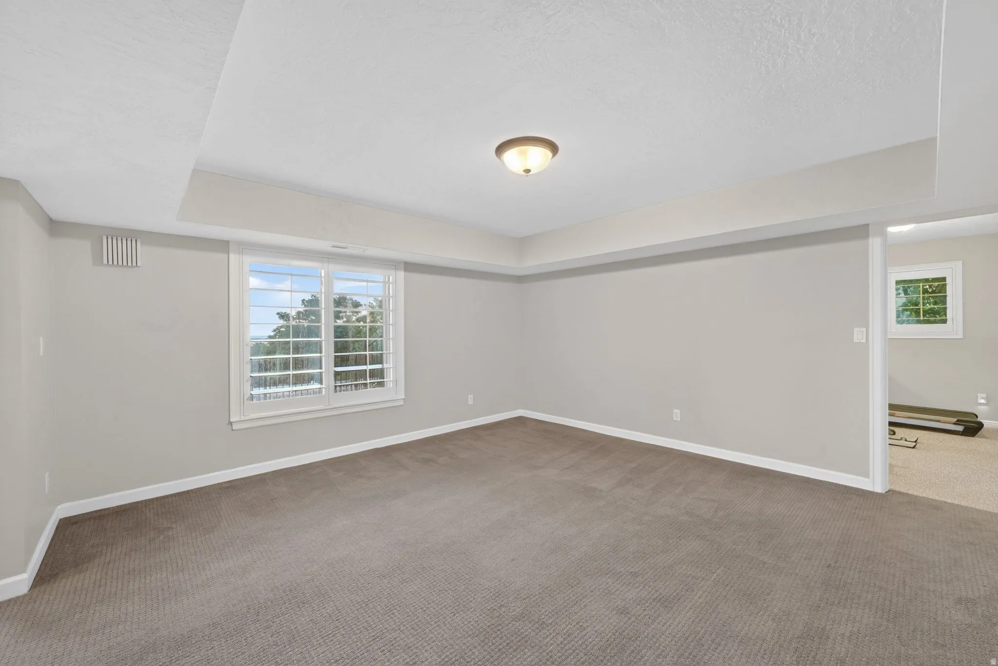 Spacious room featuring neutral carpeting, light gray walls, a large window with white muntins and plantation shutters, recessed ceiling detail, and a ceiling-mounted light fixture