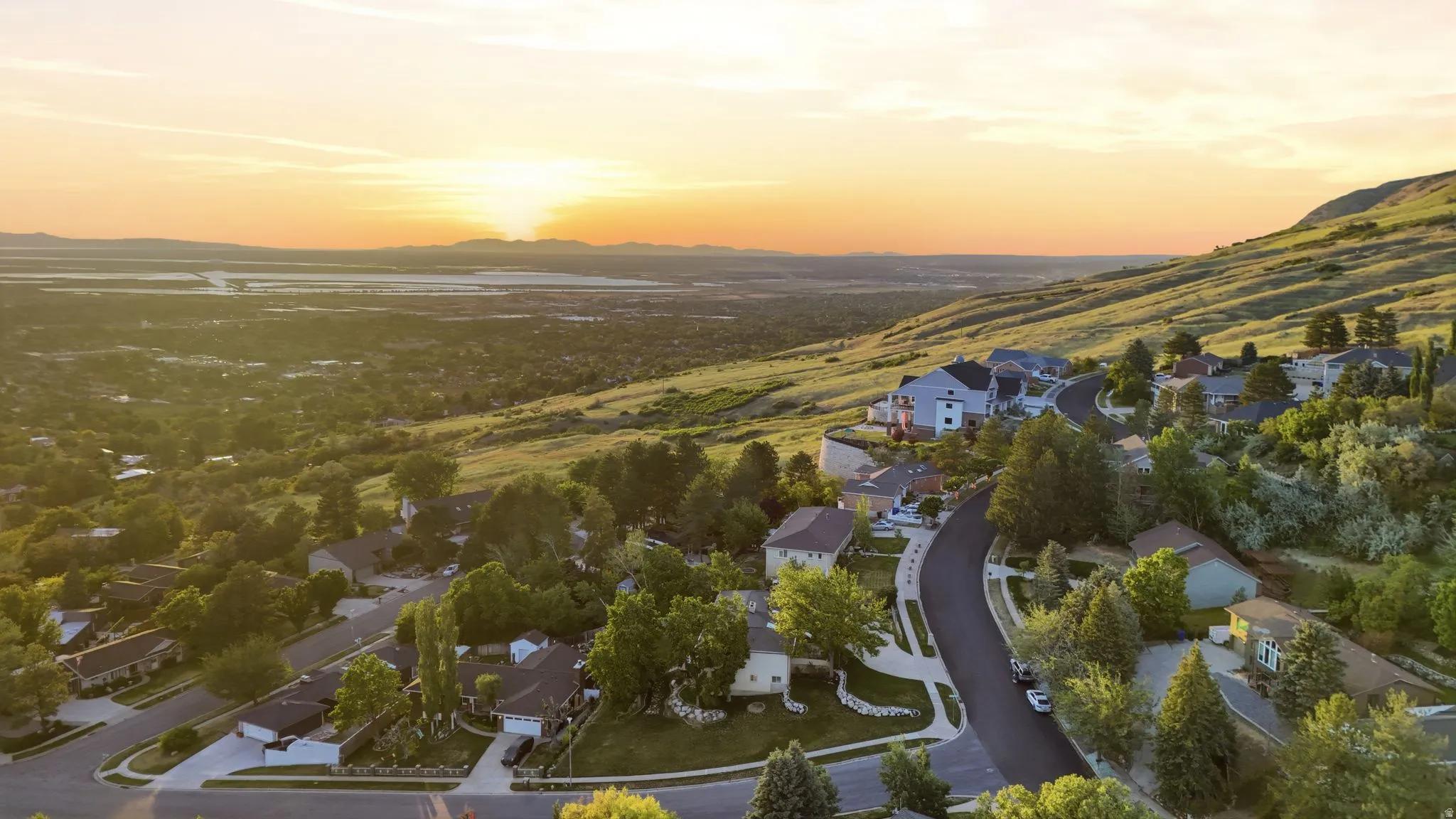 Hillside community featuring a winding roadway, mature trees, and varying architectural styles