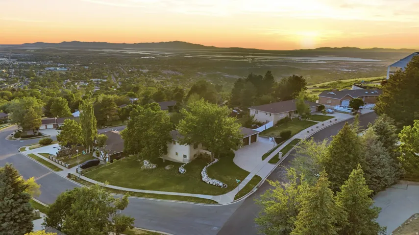 Elevated residential setting featuring mature trees, landscaped lots, and paved roadways