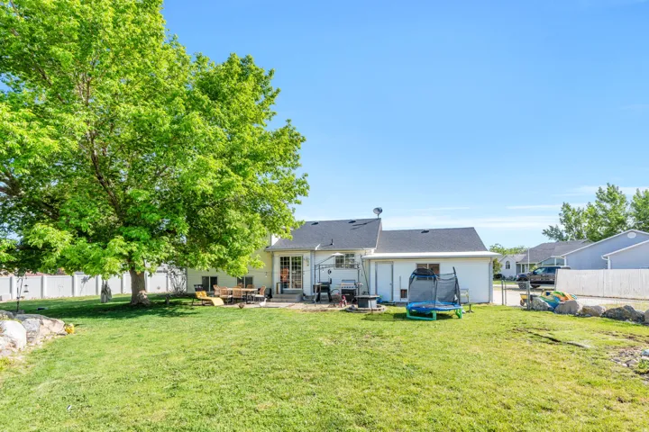 Expansive backyard featuring a large tree, a substantial lawn, and a light-colored privacy fence