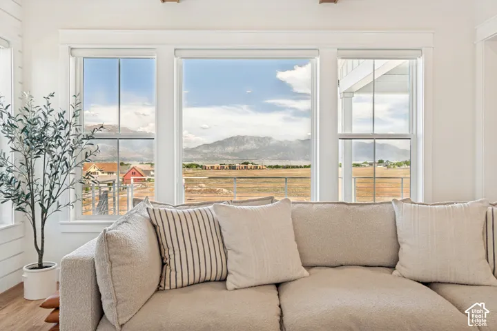 Gorgeous mountain views take center stage through the family room's expansive windows.